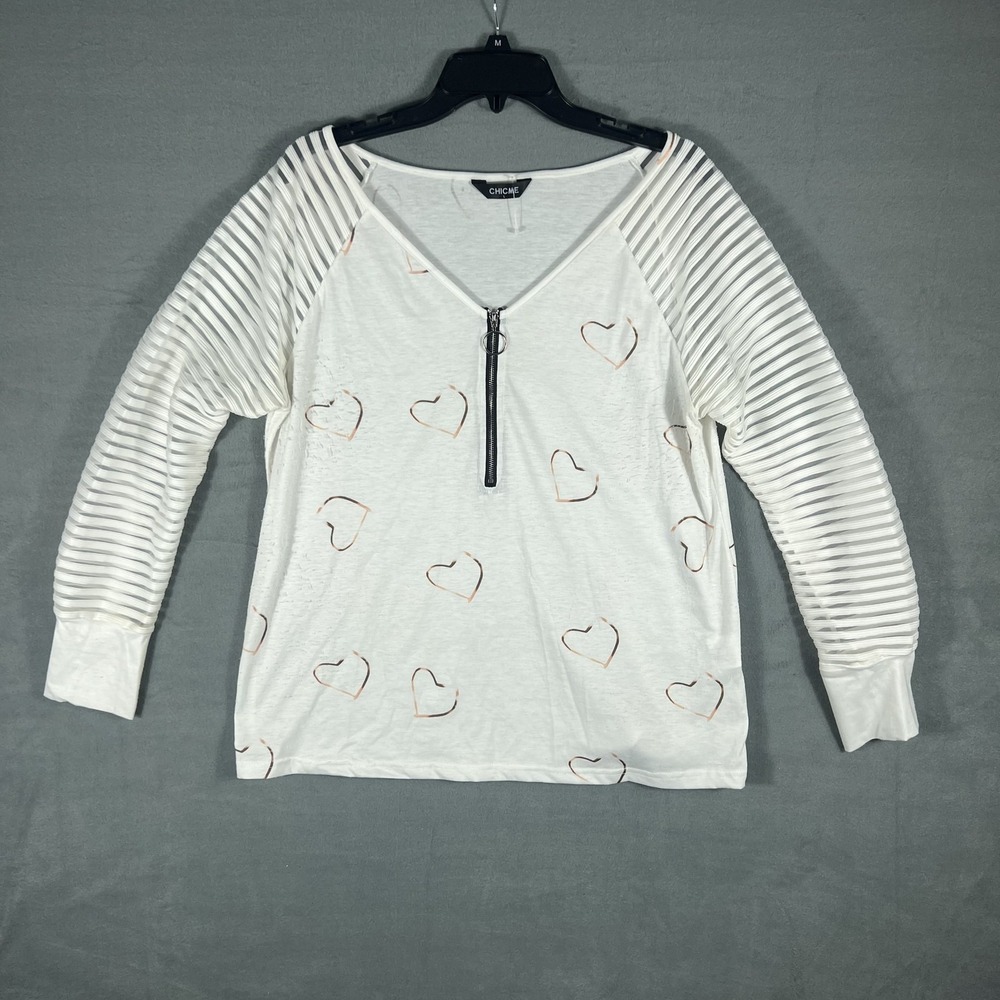 Chicme Women's White Rose Gold Heart Print Sheer Stripe Sleeve‎ Quarter Zip Top